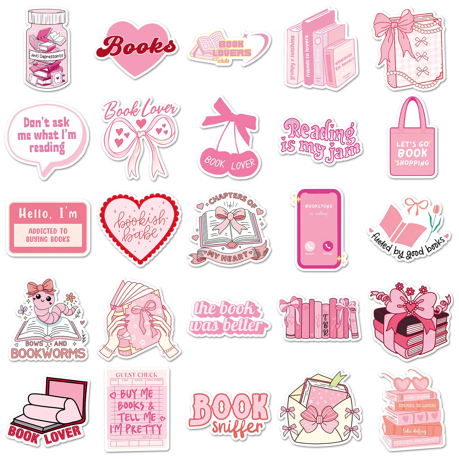 50 adesivi rosa per amanti dei libri, impermeabili, in vinile, per laptop, skateboard, custodia del telefono, bagagli, decorazione estetica per adolescenti, adulti, ragazzi, ragazze