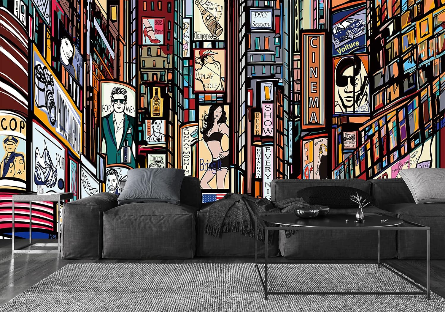 Bormia New York City Mural Wallpaper Cartoon Characters and Street Room Background Wall Mural for Living Room Bedroom(Not Peel n' Stick) 151"x105" Murals-34