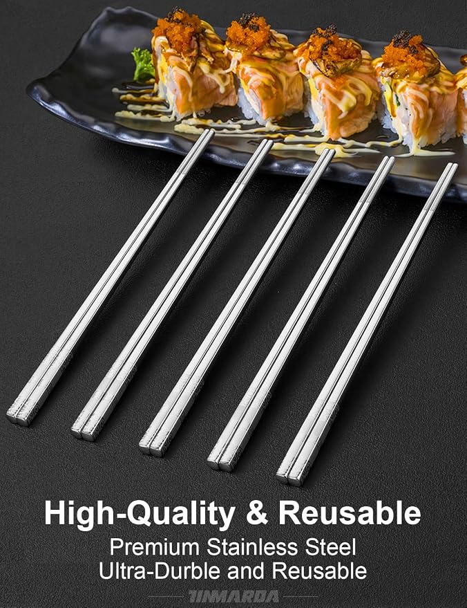 Palillos Chinos Metal Reutilizables Acero Inoxidable Cuadrados Ligero Antideslizantes 5 Pares Color Fu Plata miniatura 3