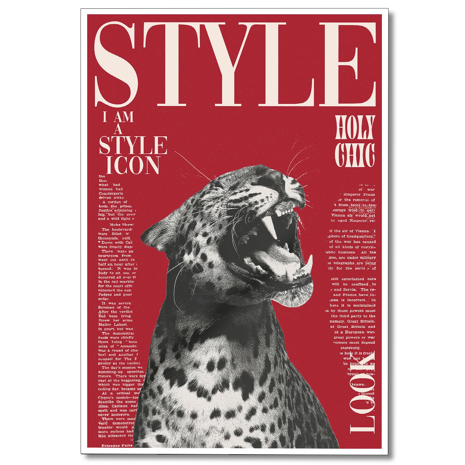 Trendy Leopard Roaring Canvas Wall Art Vintage Red Cheetah Magazine Poster Jungle Wild Animal Portrait Print Funky Feminism Aesthetic For Bedroom