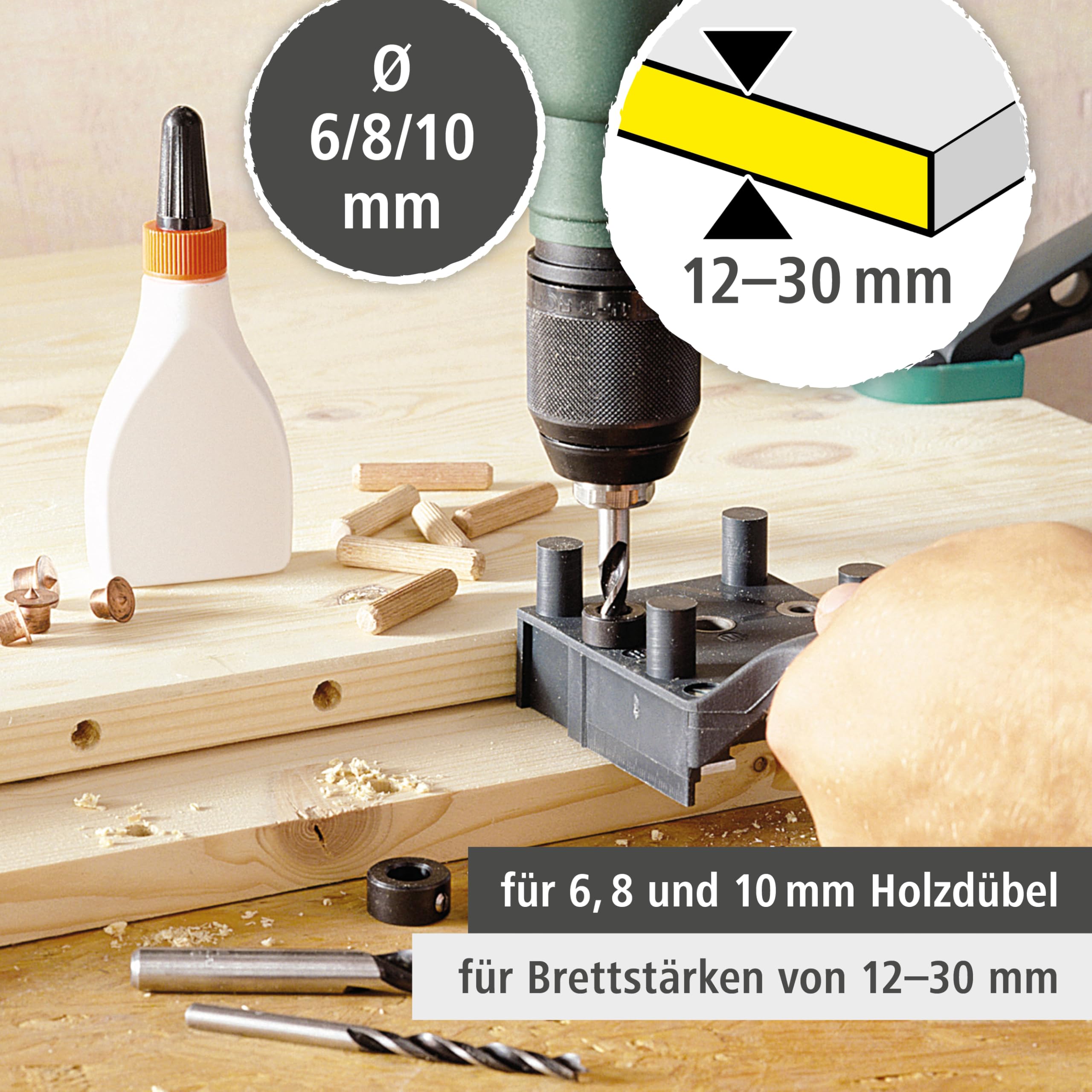 wolfcraft Meisterdübler-Set 78-teilig Holzdübel 6/8/10 mm - für Möbelbau | Bohrschablone für Holzverbindungen 12-30 mm, inkl. Bohrer Ø 6, 8 & 10, Dübel, Dübelfixe, Tiefenstopps & Holzkleber - 4645000