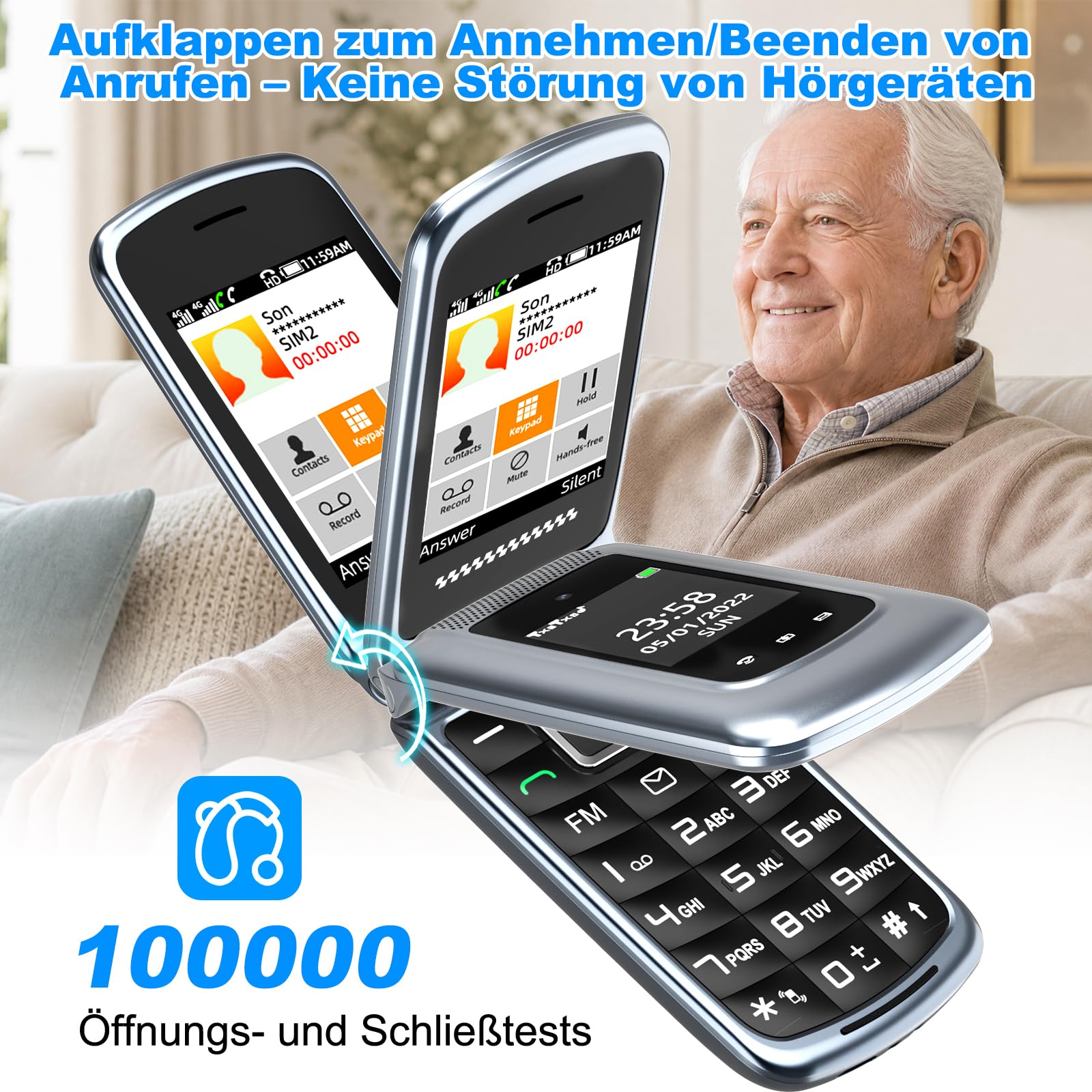 4G Seniorenhandy Klapphandy Ohne Vertrag mit Großen Tasten| Dual-SIM Rentner Handy mit Sprachansage | Ladestation | 2,4+1.77 Zoll Dual Farbdisplay| Flip Mobiltelefon mit SOS | Kurzwahl | Grau