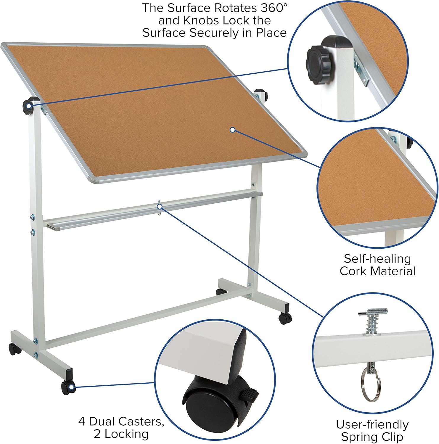 EMMA + OLIVER 53" W x 62.5" H Reversible Mobile Cork Bulletin Board and White Board with Pen Tray