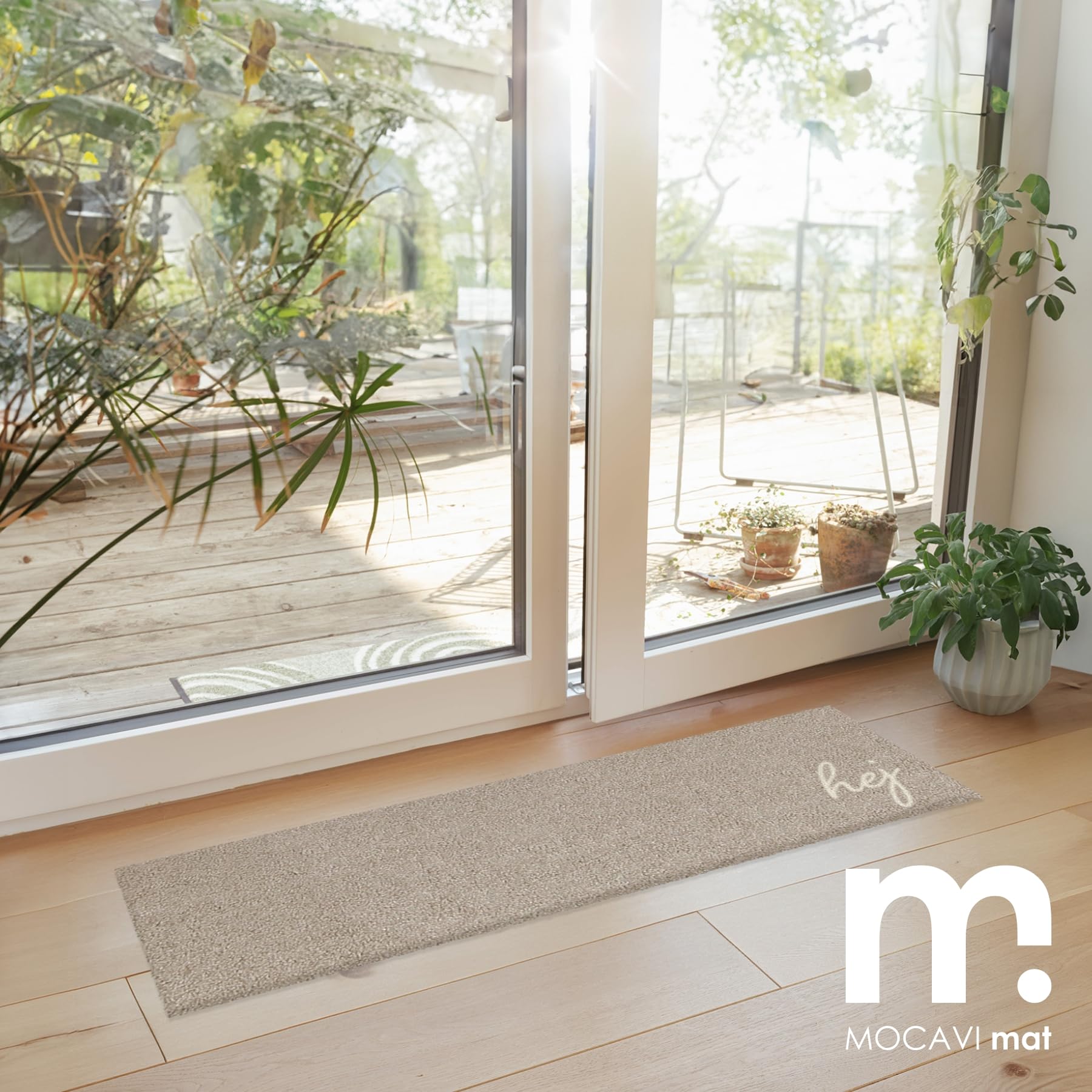 MOCAVI Mat Fußmatte Schuhparkplatz 30x100 cm waschbar beige Hej Scandi Schuh-Teppich lang, schmal, Schuhe ausziehen, Deko Eingangsbereich innen, außen, Matte, Haustür, Stiefelmatte