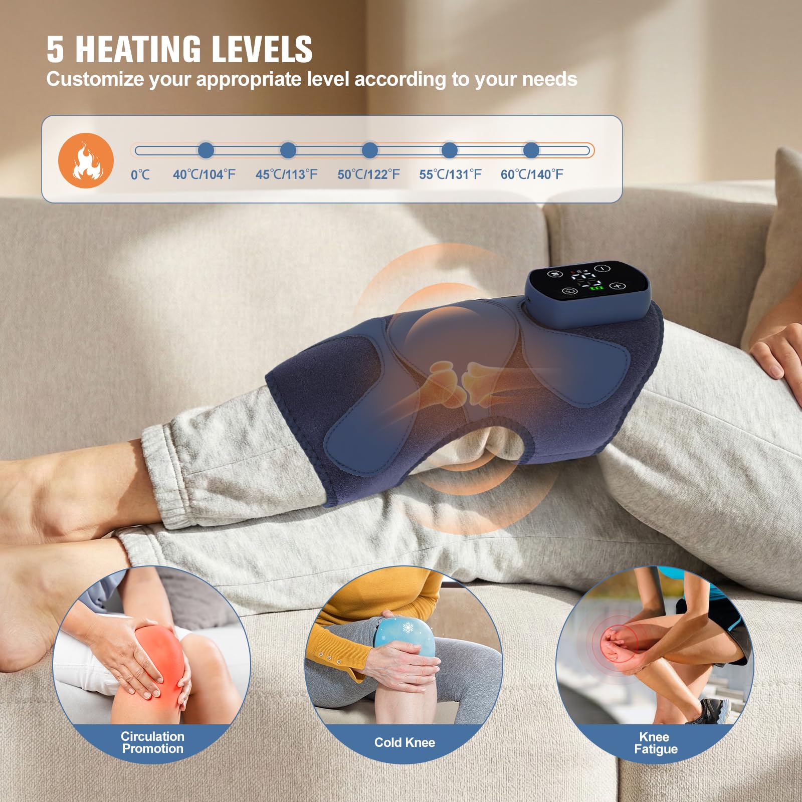 Kabelloses Knie Massagegerät mit Wärme, 4 Vibrationsmotoren & 5 Heizstufen (40-60°C), 5000mAh Akku, 3 Massagemodi, Touchscreen & Fernbedienung, Beheiztes Kniepad für Schulten & Ellbogen