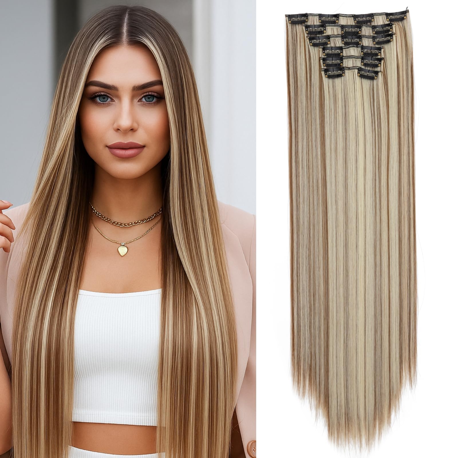 Benehair 24" Clip in Hair Extensions Full Head 6 Pcs 16 Clips Long Straight Hair Extensions Clip in Synthetic Fiber Natural Extension Brown mix Blonde Hairpiece for Women(Brown mix Blonde
