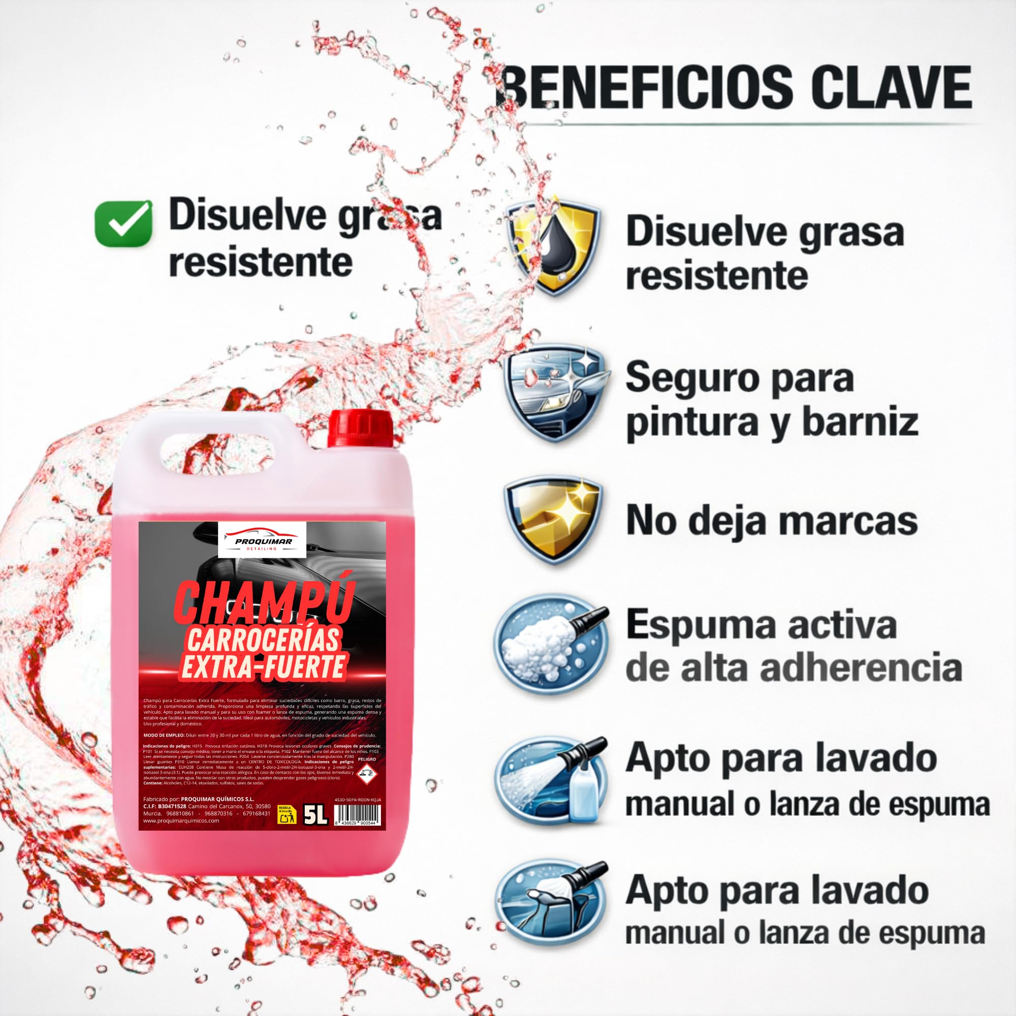 Champú de Carrocería Extra Fuerte 5L – Limpiador Profesional para Coche, Elimina Suciedad Difícil, Espuma Activa, Alto Rendimiento, Elimina Suciedad Incrustada, Acabado Brillante