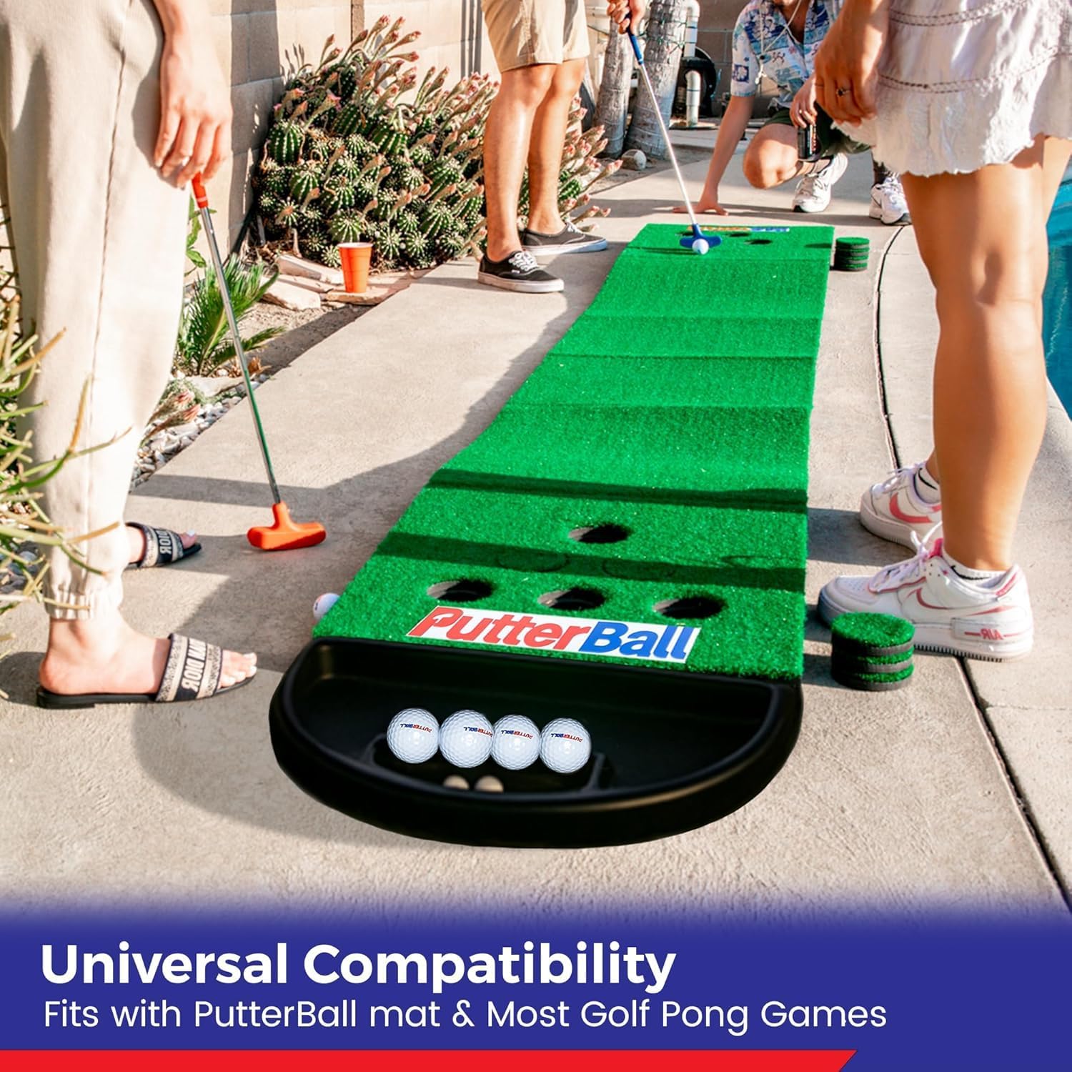 PutterBall Original Golf Putting Game Set – Backyard 12 ft Putting Green Pong Style Golf Mat with 2 Putters, 2 Balls & Hole Covers
