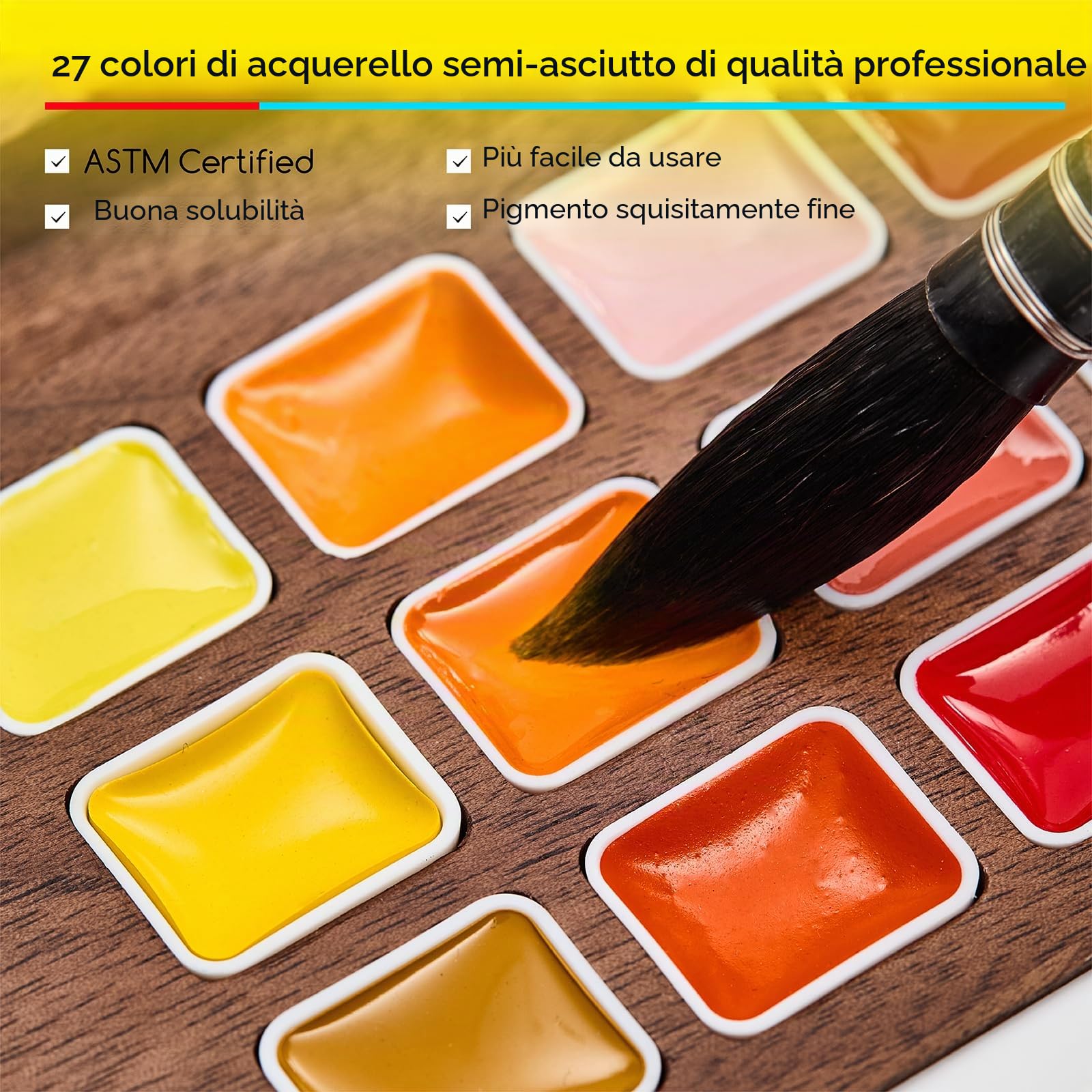 MEEDEN Set di pittura ad acquerello - Collezione di lusso da 27 colori con custodia in noce nero, pennelli in pelo di scoiattolo naturale e colori per artisti, perfetto kit da viaggio ad acquerello