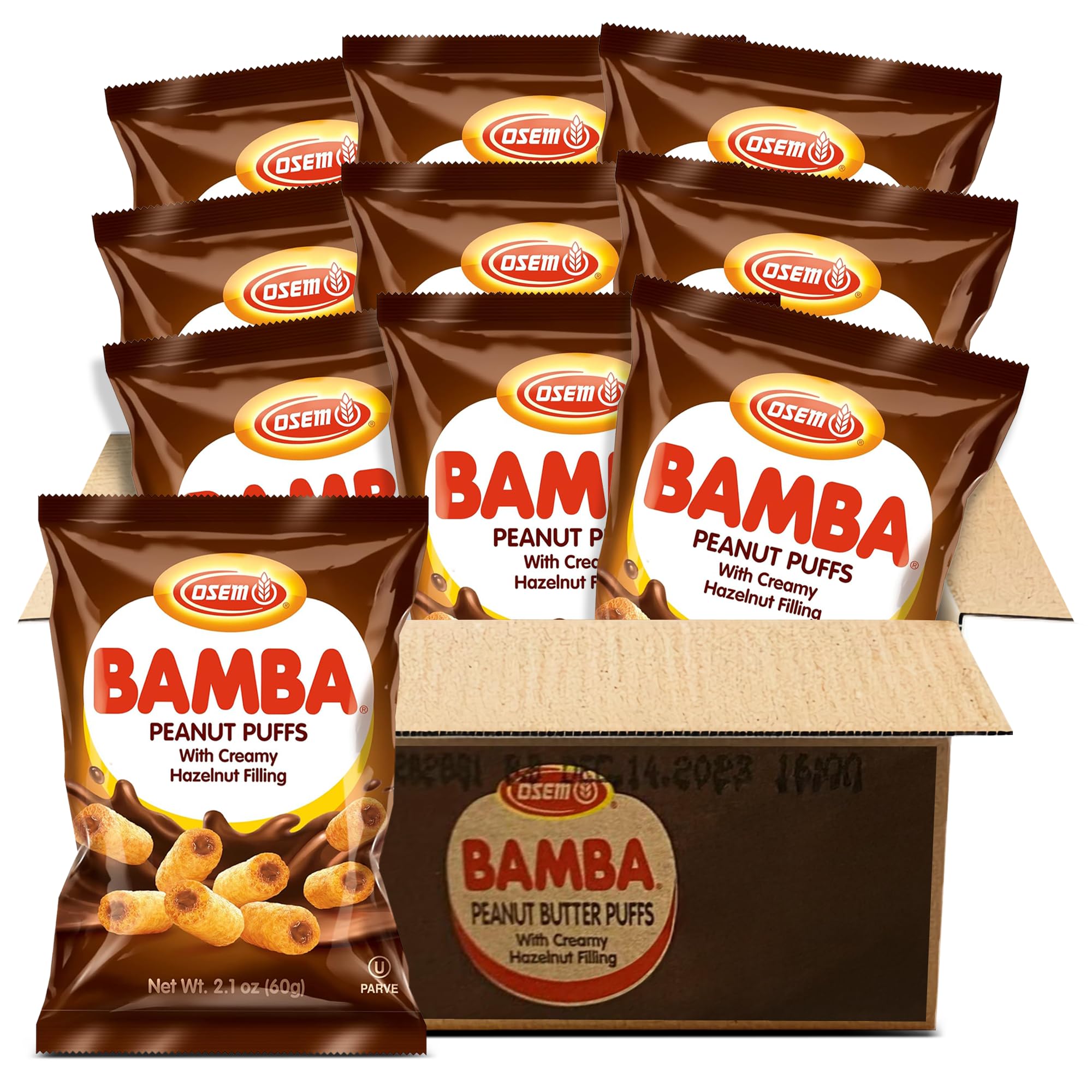 Osem Bamba Peanut Butter Puffs with Creamy Hazelnut Filling - Kosher Crunchy PB Snack with Chocolate Center, Oven Baked Treat with a Crunch - 2.1 oz Bag (Pack of 10)