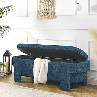Polibi Linen Fabric Upholstered Bench with Large Storage Space and Safety Hinged Lid,End of Bed Storage Ottoman for The Living Room, Entryway and Bedroom,Dark Blue(51.5''x20.5''x17'')