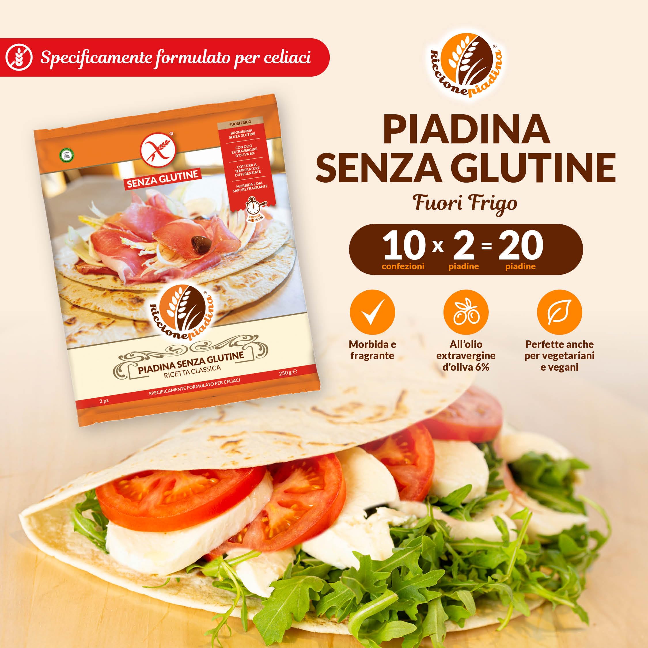 Piadina Senza Glutine Fuori Frigo - 10 Confezioni da 2 Piadine (250 g) - Morbida con Olio Extravergine d'Oliva, Vegana, Marchio Spiga Barrata AIC