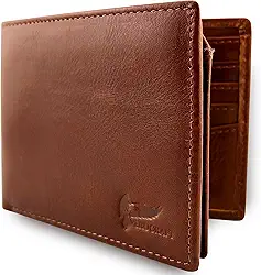 Carteira masculina de couro genuíno – Carteira masculina fina com bloqueio RFID com janela para identidade, 10 compartimentos para cartões e bolsos ocultos – Carteira masculina fina