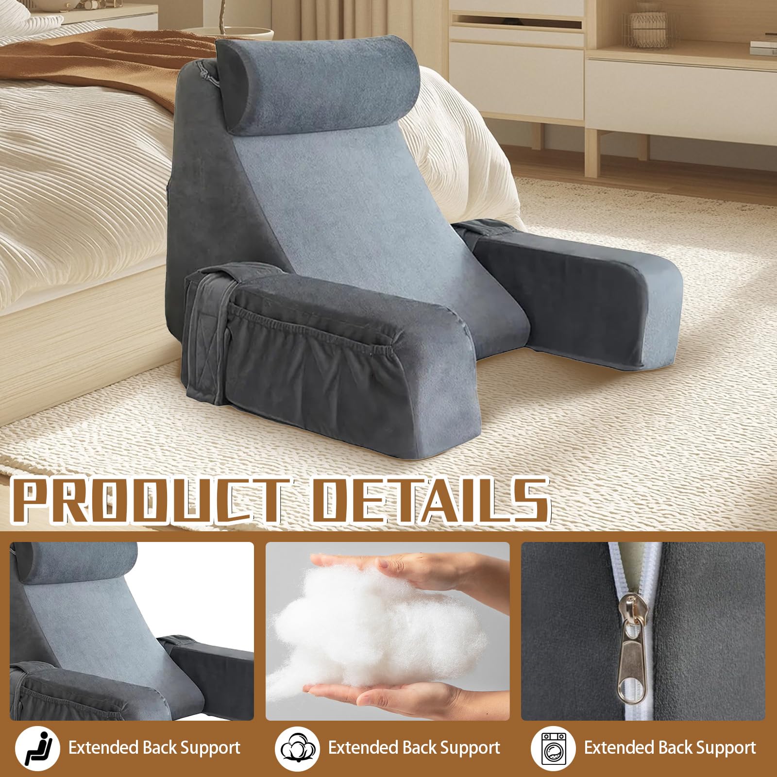Cojín de lectura para cama y sofá, cojín lumbar con reposacabezas y reposabrazos extraíbles, cojín de respaldo para adultos, cojín de respaldo multifunción para leer, jugar, ver la