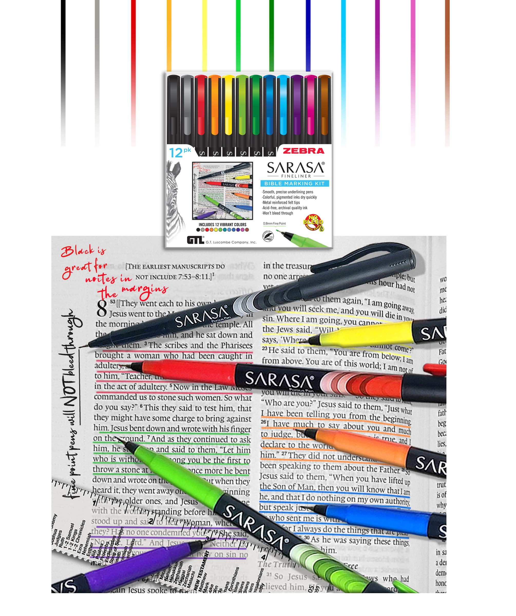 Zebra Sarasa Fineliner Bibelmarkierungs-Set, 12 Stück