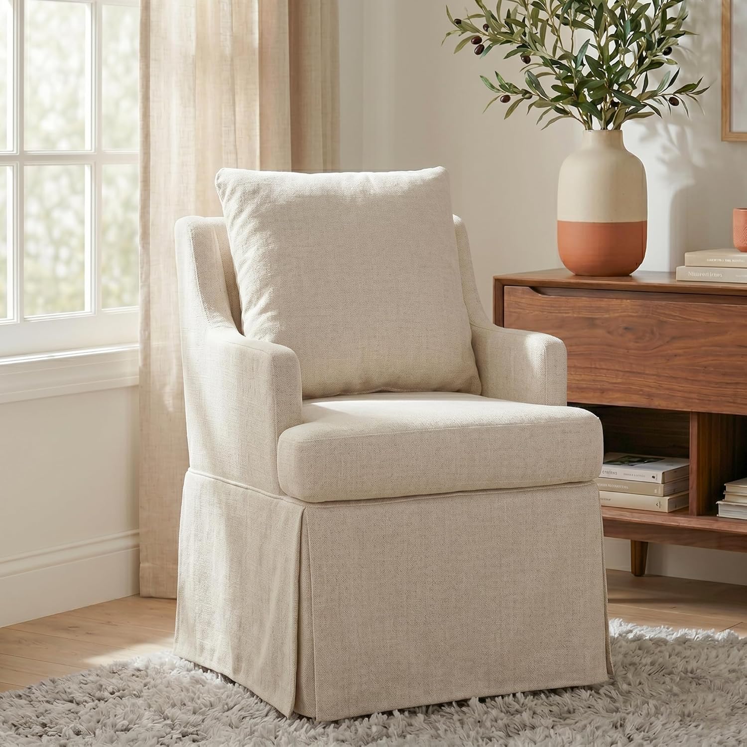 UVV Upholstered Dining Chairs Set of 2, Modern Kitchen Chair Dining Room Chair with 4 Casters, Linen Armchair for Bedroom Reading Room Living Room,Beige
