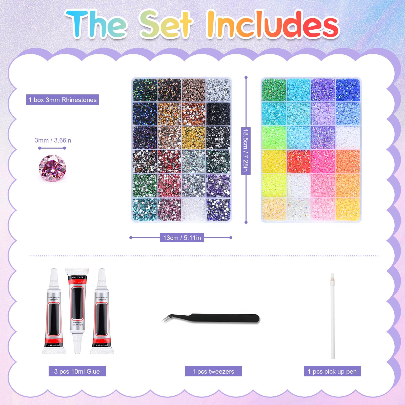 Kit Strass à Coller 48000PCS 48 Couleurs, Bedazzling Kit avec Colle Stylo et Pince, Strass 3 mm Flatback pour Nail Art, Ongles, Vêtements, Chaussures, Tasses et DIY Décoration