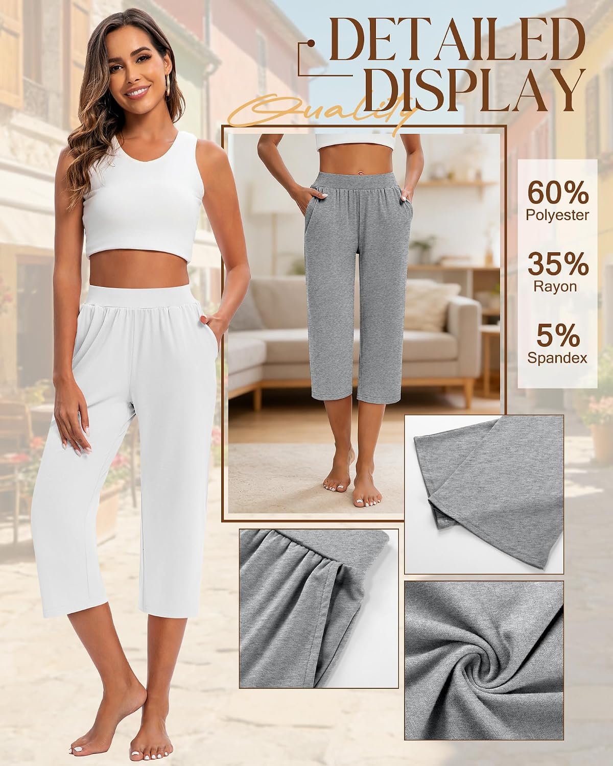 Huukeay 3 Pack Women's Capri Sweatpants Cozy Wide Legs Cropped Capri with Pockets Lounge Jogger Pants Workout Yoga Solid