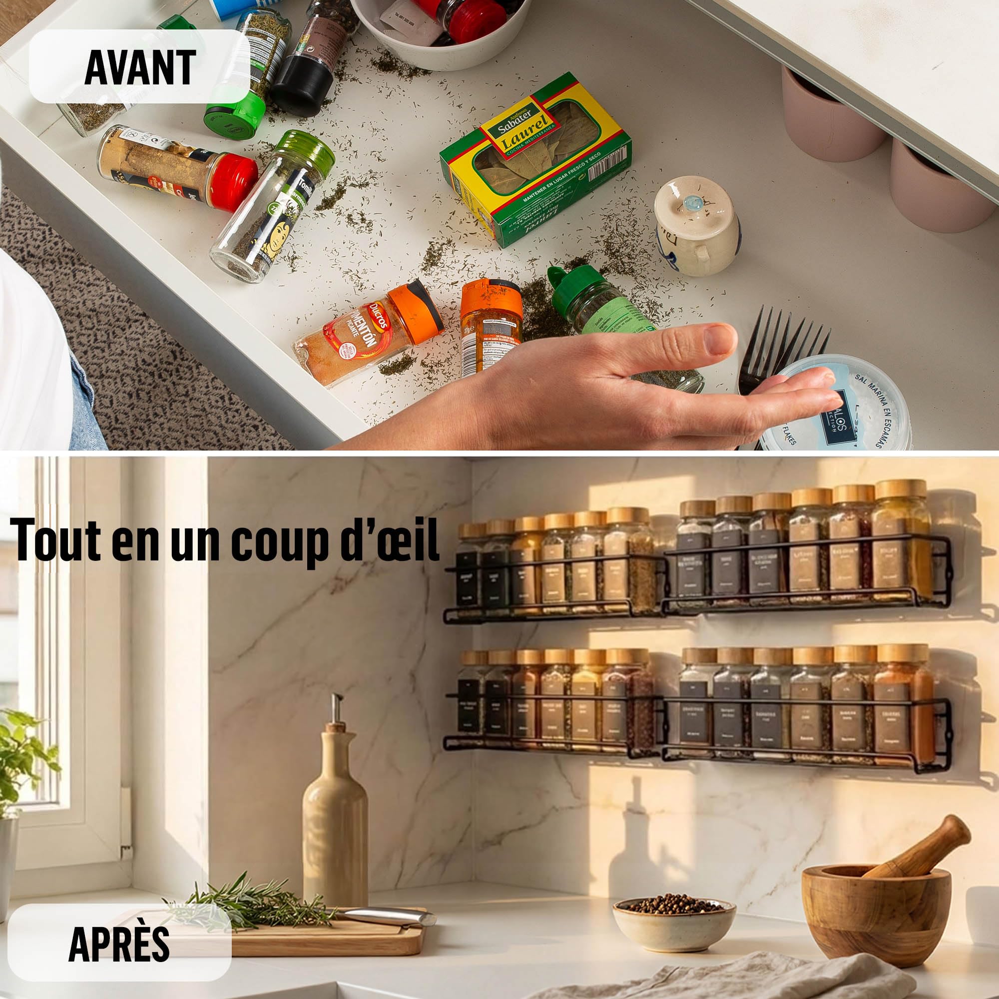 Deco haus® Etagere a Epices Murale Sans Percer avec 24 Pot à Épices en Verre - Porte-épices Murale 4 Pièces - Étagère de Rangement de Cuisine pour Épices - etagere epices cuisine murale