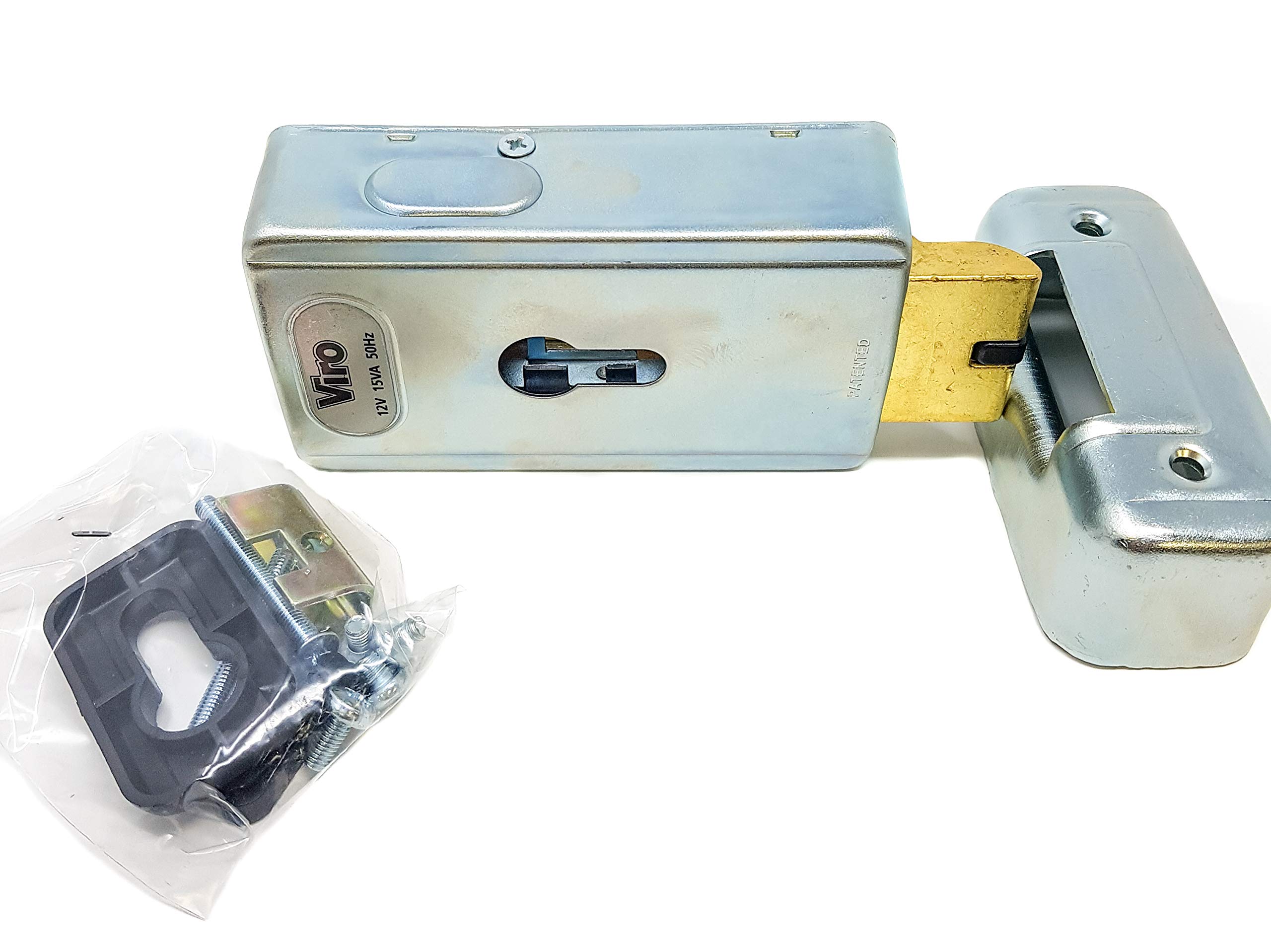 Cerradura electromecánica Viro para montaje horizontal, latón pulido y acero aleado, botón, desbloqueo con llave, rectangular, control táctil, seguridad de puertas o puertas