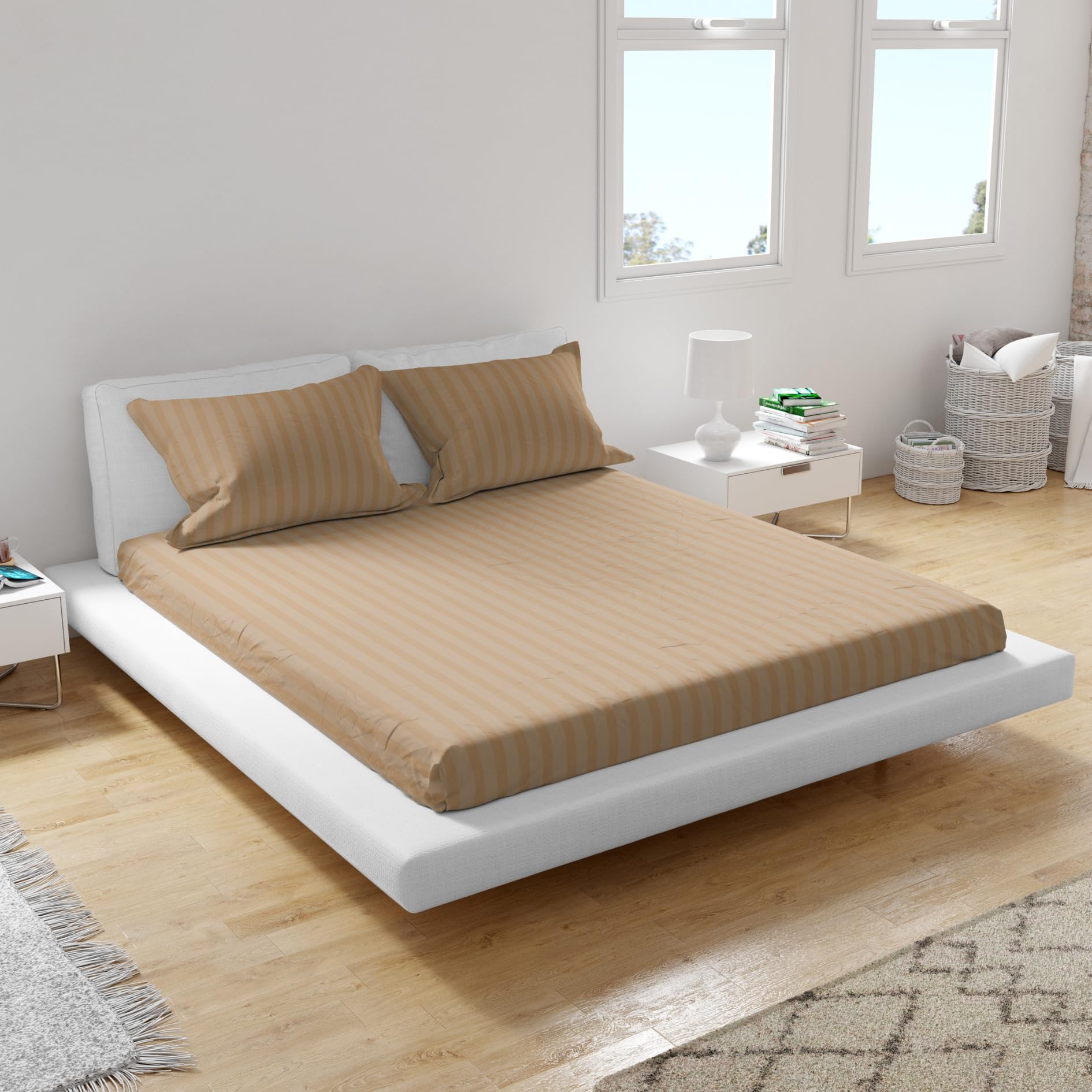 The Hive 100% Cotton Bedsheet Bed Spread for King Bed, (70 X 80 Inches) with 2 Pillow Covers | 300 TC Bed Spread (Cream) (Caramel 300TC K STRIPEFIT)