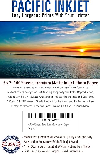 Papel de artista de inyección de tinta mate blanco brillante sin ácidos de calidad profesional (5 x 7 pulgadas), 100 hojas de 8.11 ozm y 12 mil. Un