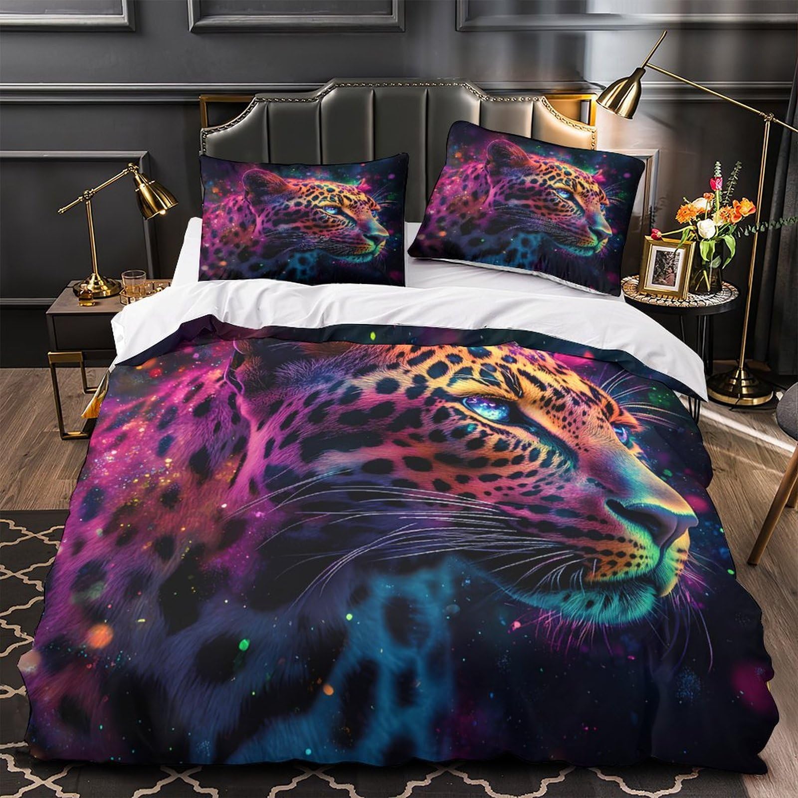 Housse de couette léopard fluo 3D Super King 260x220 cm avec ses 2 taies d'oreiller assorties