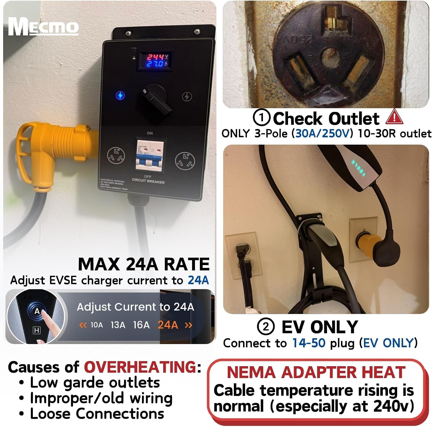 MECMO NEMA 10-30P to 14-50R Temporary EV Adapter, 24Amp Charger Plug for Tesla Model 3 Y S X, 3-Prong Old Dryer Socket to EV Charging Use Only, Non-grounding Plug Not for Any RV/Dryer
