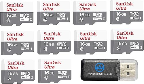 SanDisk Micro SDXC Ultra (paquete de 10) Tarjeta de memoria flash MicroSD TF 16GB 16G Clase 10 SDSQUNB-016G Bundle con (1) Lector de tarjetas de