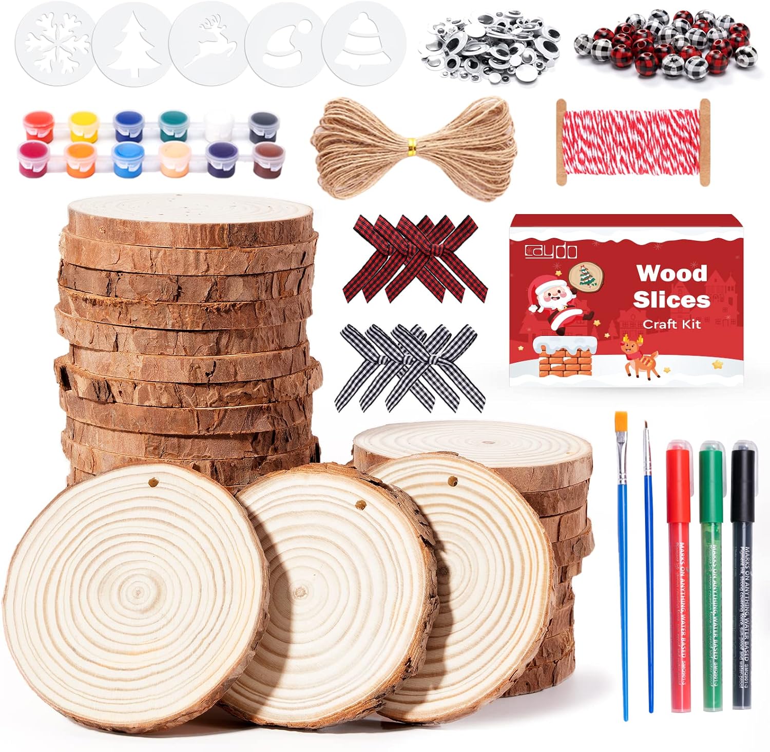Caydo 30 Pieces 2.4-2.8 Inch Christmas Ornaments Kit Natural Wood Slices Kit, Christmas Bows, Wood Beads, Christmas Pattern Stencils, Jute Twine and String for Home Hanging Christmas Ornaments
