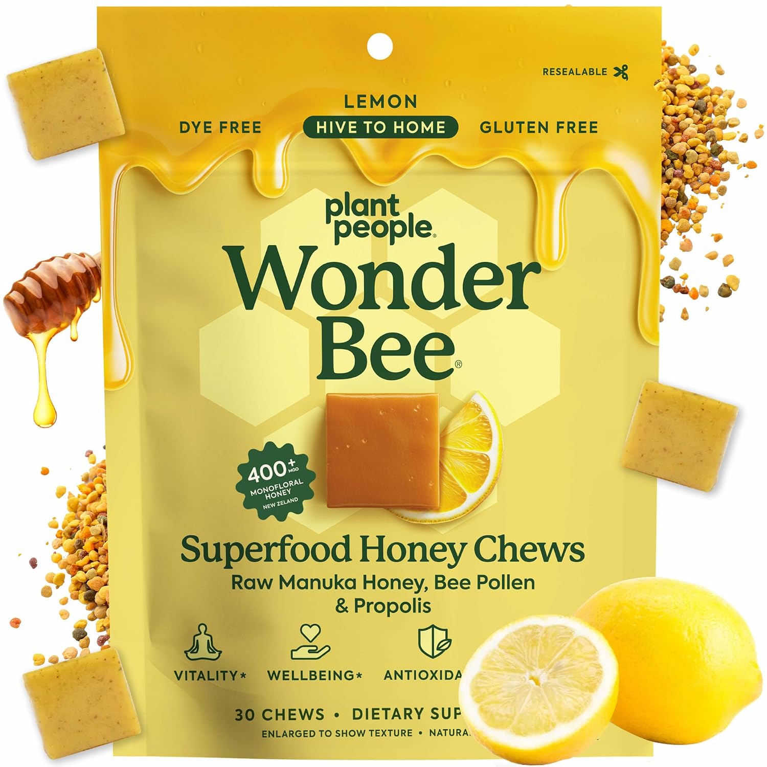 Plant People WonderBee Superfood Manuka Honey Chews – Daily Wellness & Energy Support – Bee Pollen & Propolis – Gluten-Free Supplement (30 Count)