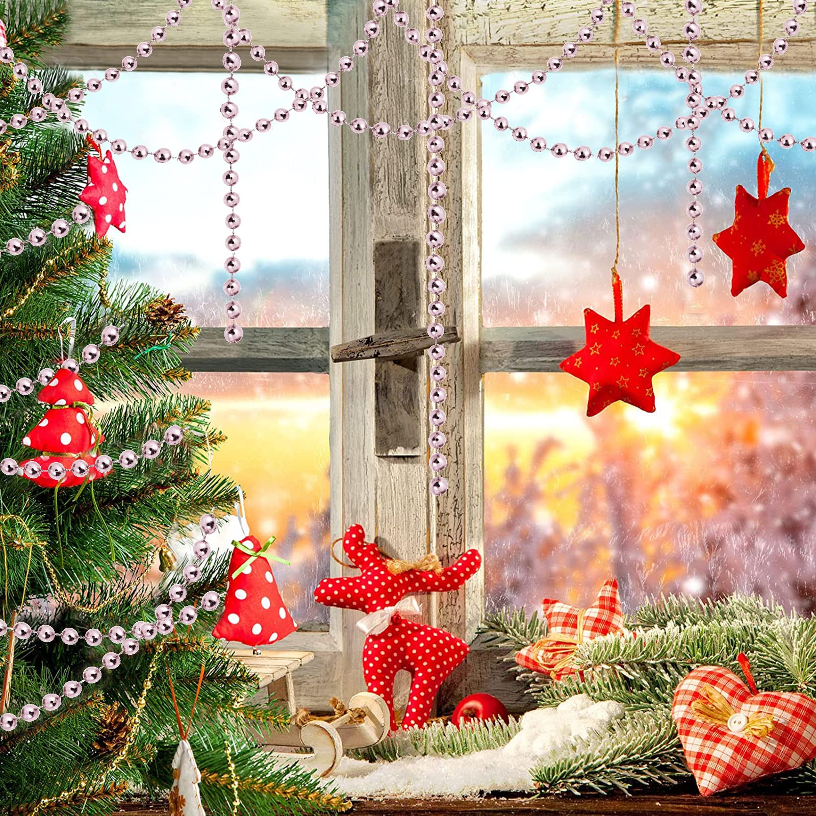 100 m lange Weihnachts-Perlen-Girlande, künstliche Perlen, Girlande, Weihnachtsbaumgirlande, Kettendekorationen für Weihnachtsbaum, Urlaub, Hochzeit, DIY-Dekoration, Zubehör (Rosa)