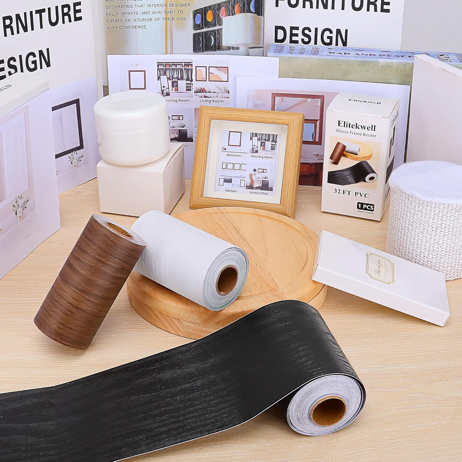 Mirror Frame Border 32FT Bathroom Wood Grain Wallpapers Decorative Tape Trim Sticker (Brown)