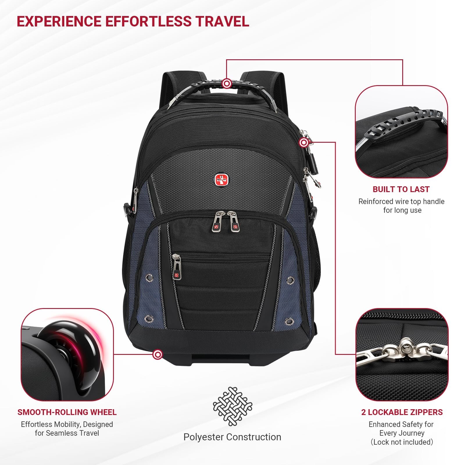 star cloud Rucksack mit Rollen 17,3 Zoll Laptop Rucksack, Business Rucksack Herren 45L, wasserabweisend mit USB und Typ-C Anschluss, Handgepäck geeignet für Reise und Arbeit