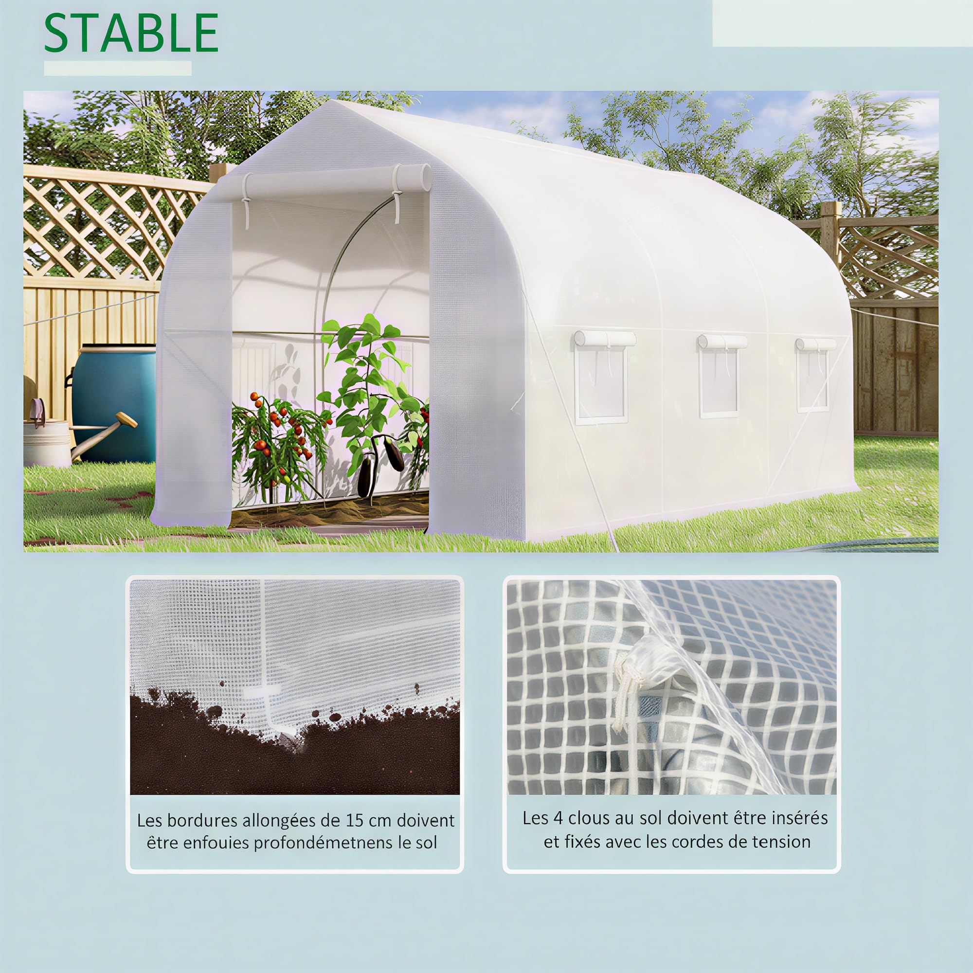 Outsunny Serre Tunnel de Jardin 8m², Serre de Jardin Tunnel 400x200x200cm avec 1 Porte et 6 fenêtres, pour extérieur, Toutes Saisons, légumes, Fruits, Fleurs, bâche PE Haute densité 140 g/m² Blanc