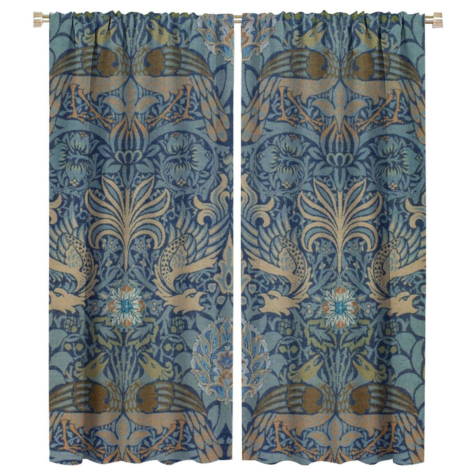 COALHO,Vintage William Morris Theme Curtain Rustic Garden Florals Birds Mid Century Boho Style Window Treatments Thermal Insulated Rod Pocket Blackout Curtains for Bedroom-2 Panels 54" L x 21" W