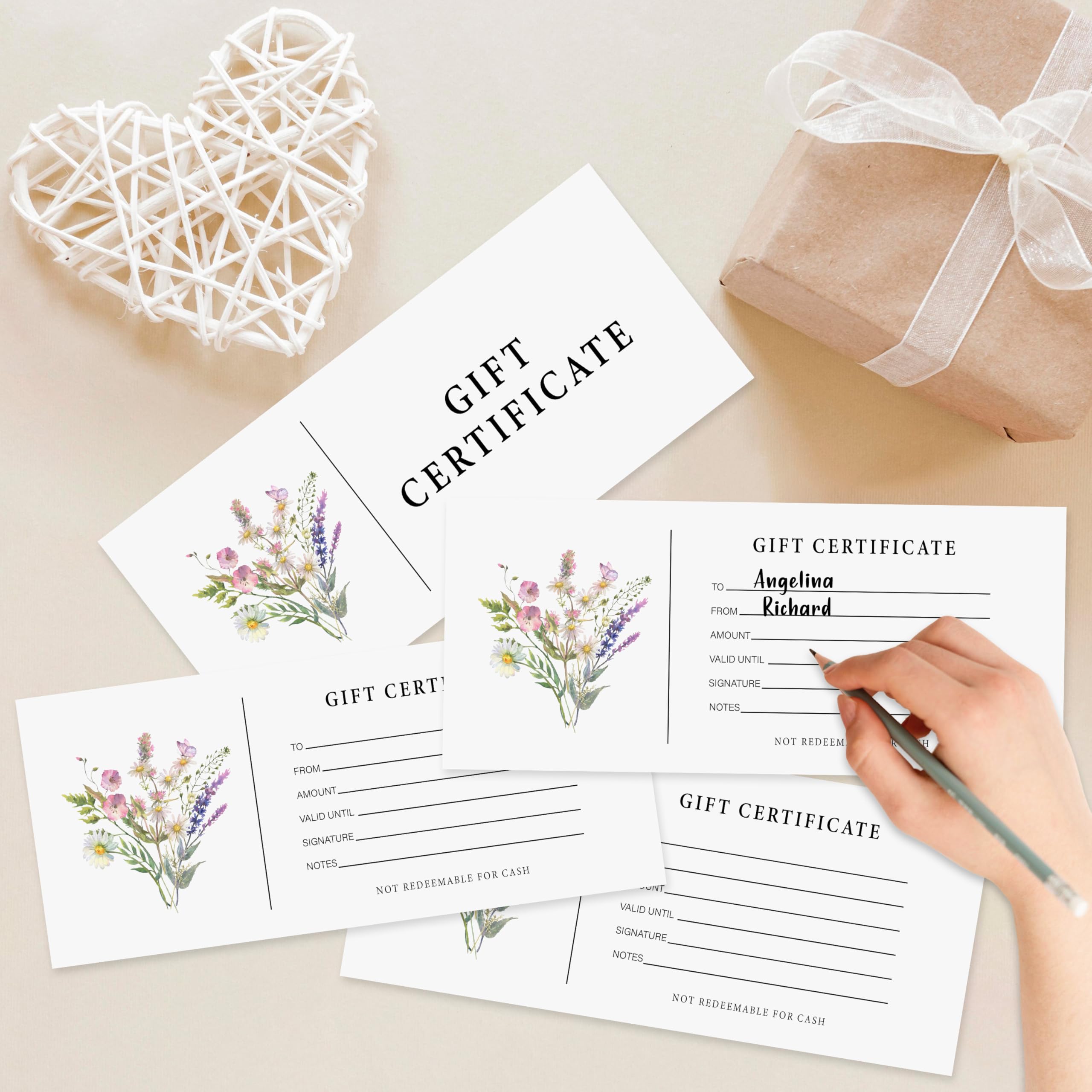 Juego de 25 certificados de regalo para negocios, tarjetas de regalo florales en blanco con sobres, regalos para salones, restaurantes, spa, cumpleaños, matrimonio, clientes -07