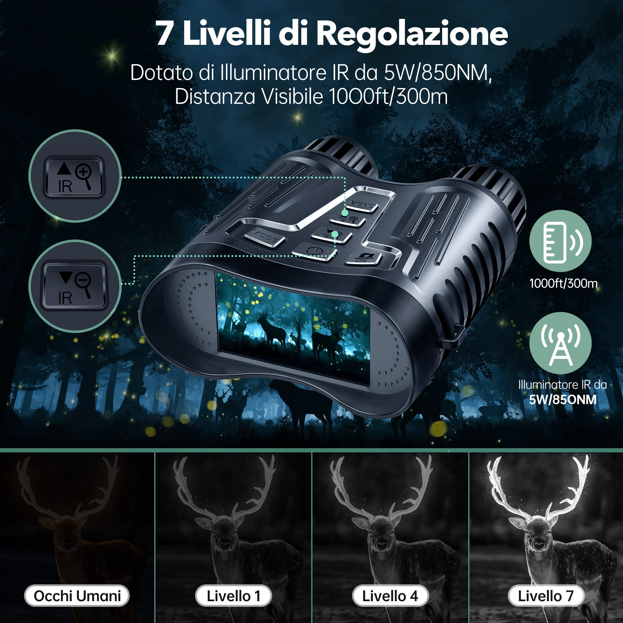 Letcmoi Binocolo Visione Notturna - 7L Infrarossi Visibili 300M al 100% di Oscurità con Zoom Digitale 8X, Ricaricabile da 2600 mAh, con Scheda TF 32GB, per la Caccia, per Adulti