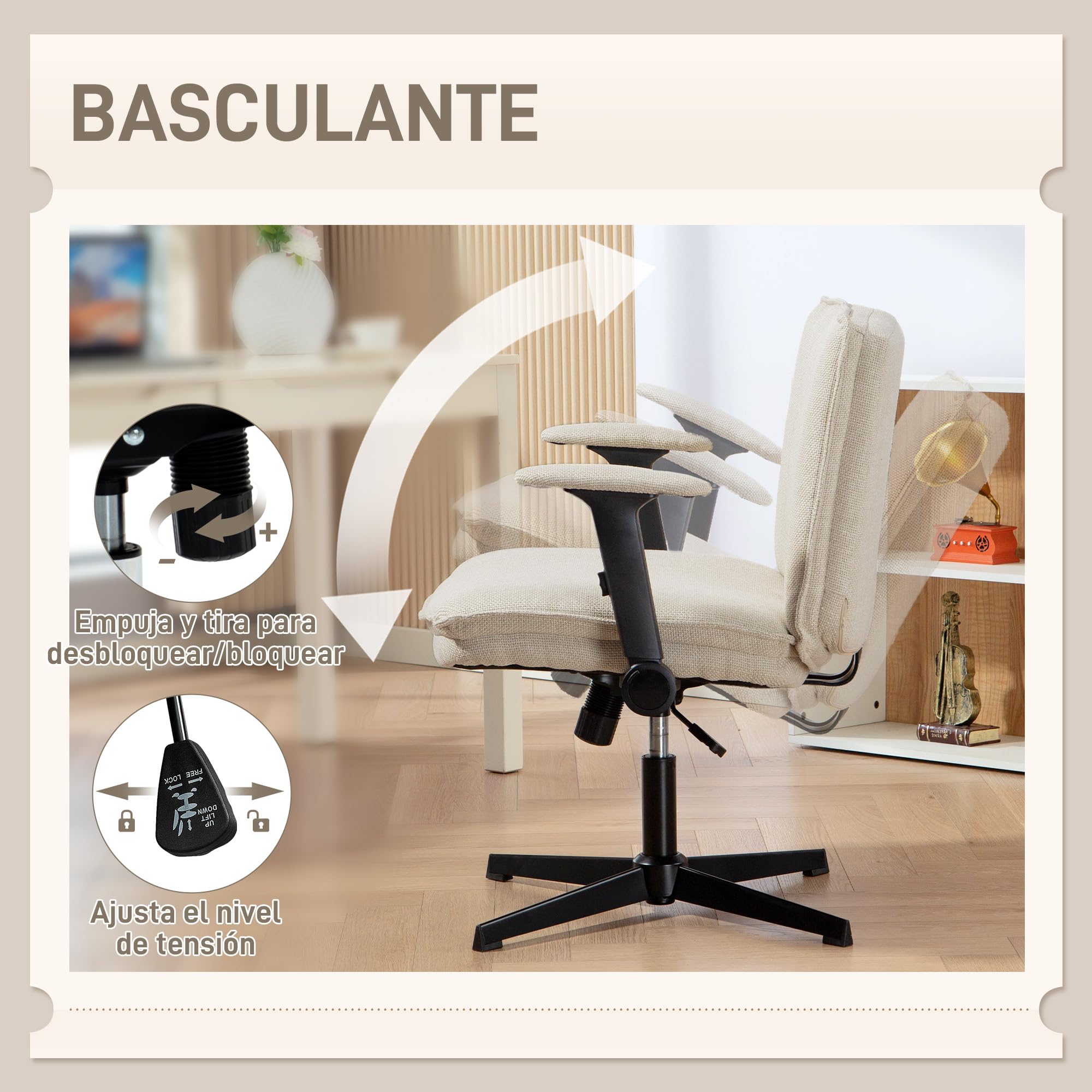 HOMCOM Silla de Oficina Piernas Cruzadas sin Ruedas Crema | Silla Escritorio, Asiento Ancho 63 cm, Reposabrazos Abatible, Altura Ajustable, Giratoria, Función Basculante, Tapizada Lino