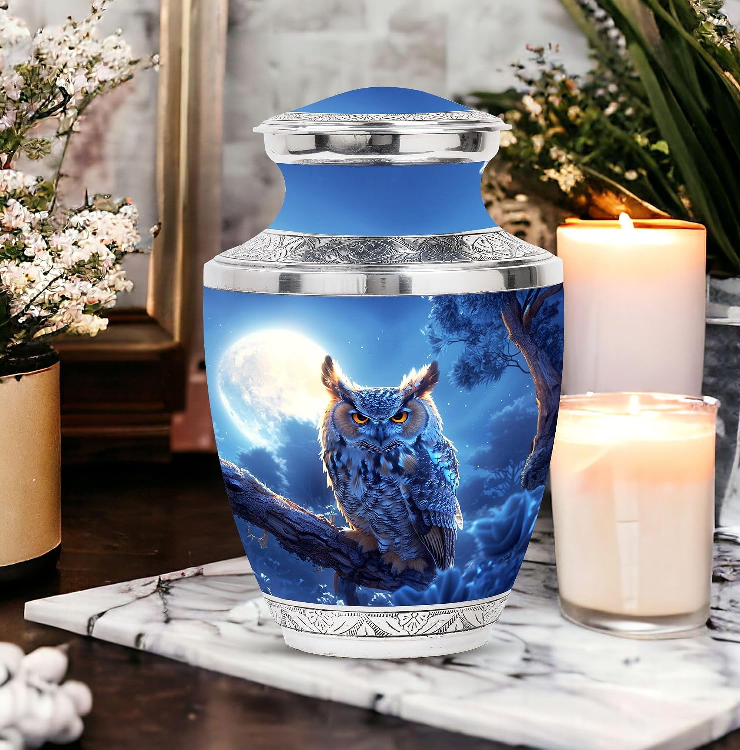 Owl in Moon Urn, Pack of 3 (10 Inch Urn & 3 Inch Urn Set of 2), Human Memorial Urn, Elegant Urn for Ashes, Infant Urn, Funeral Urn, Ashes Keepsake, Cremation Urn, Owl Urn