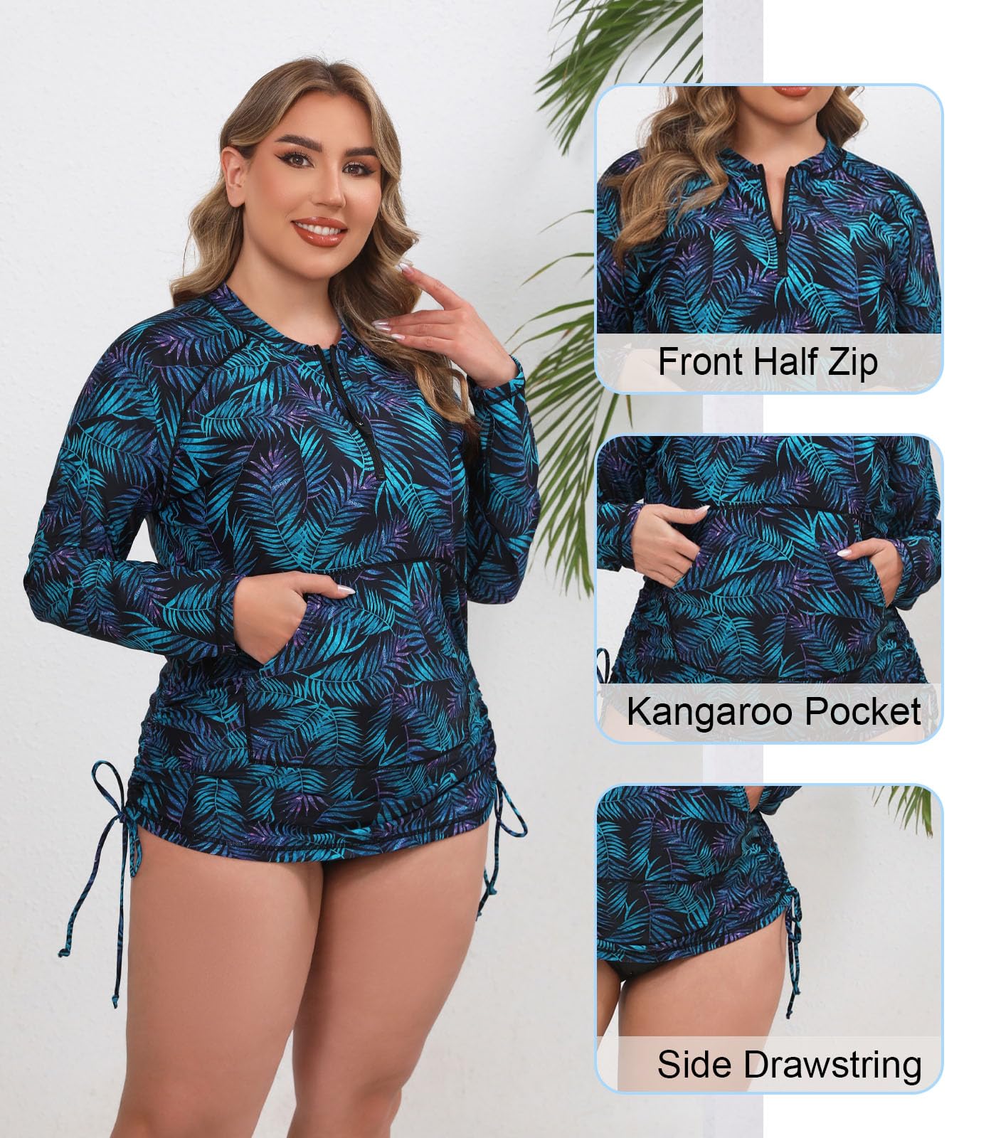 Halcurt Rashguard für Damen, Übergröße, LSF 50+, Reißverschluss, Kordelzug, gerüschte Taschen