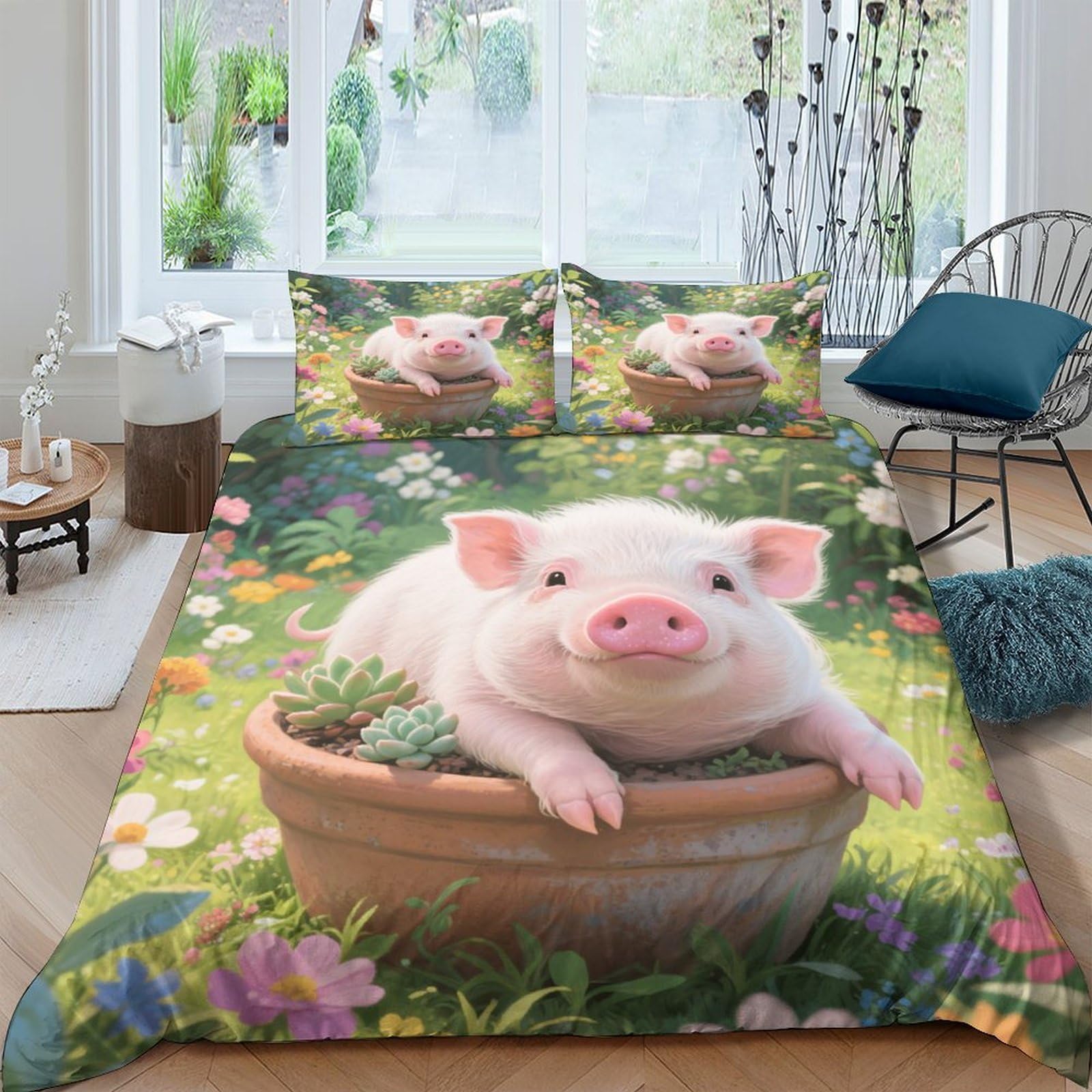 Niedliches Schweinchen isst Nudeln Bettbezug 3D Gedruckt Mikrofaser Pflegeleicht Schlafkomfort Bettdeckenbezug 3 Teilig Weich Reißverschluss mit Kissenbezug Atmungsaktiv for Männer & Kinder