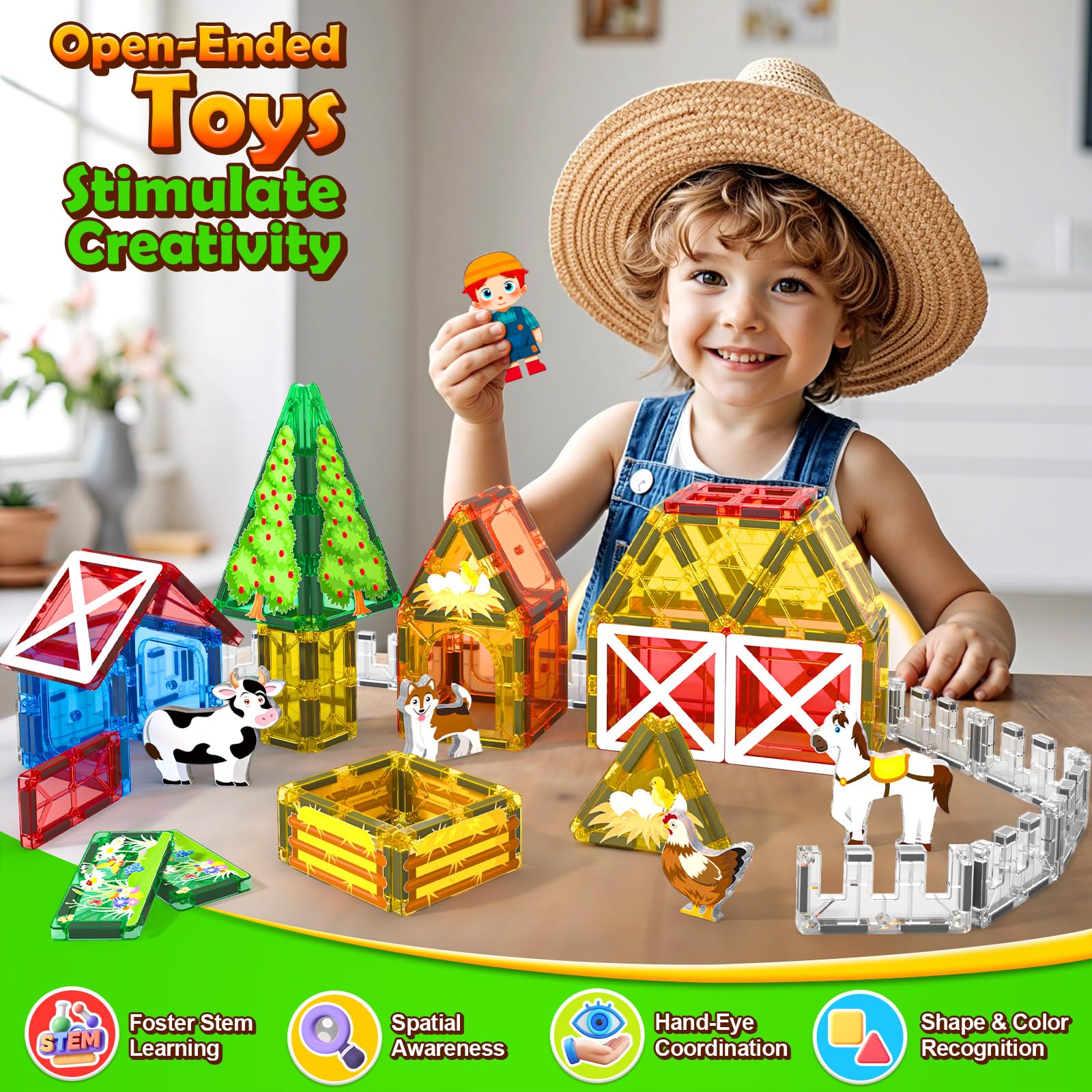 Magnetic Tiles Farm Animals Set, Immersive Storytelling Building Blocks for Toddlers 3-5, 3D Farm House STEM Toys with UV-Printed Realistic Animals, Compatible with All Major Brands