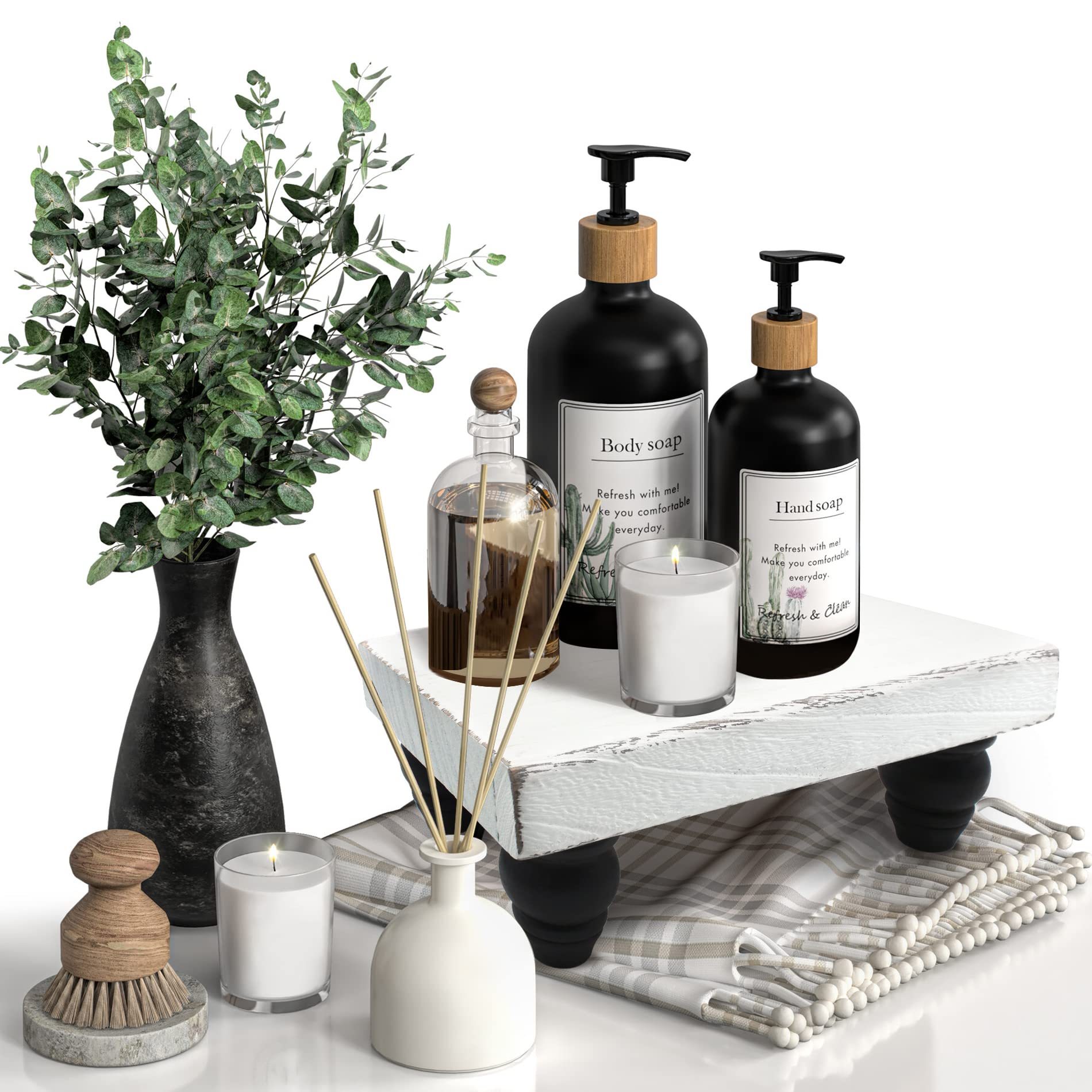 Cyitimo Wood Riser for Display, Distressed Wooden Pedestal Stand for Decoration, Farmhouse Display Tray for Home Clearance, Bathroom Decor, Living room Decor and Kitchen Counter Decor (White & Black)