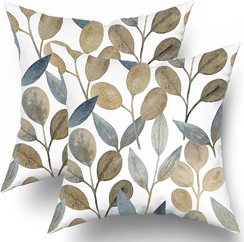 Kawani Juego de 2 fundas de almohada doradas de hojas de eucalipto de 16 x 16 pulgadas, fundas de almohada de acuarela de eucalipto primaveral,