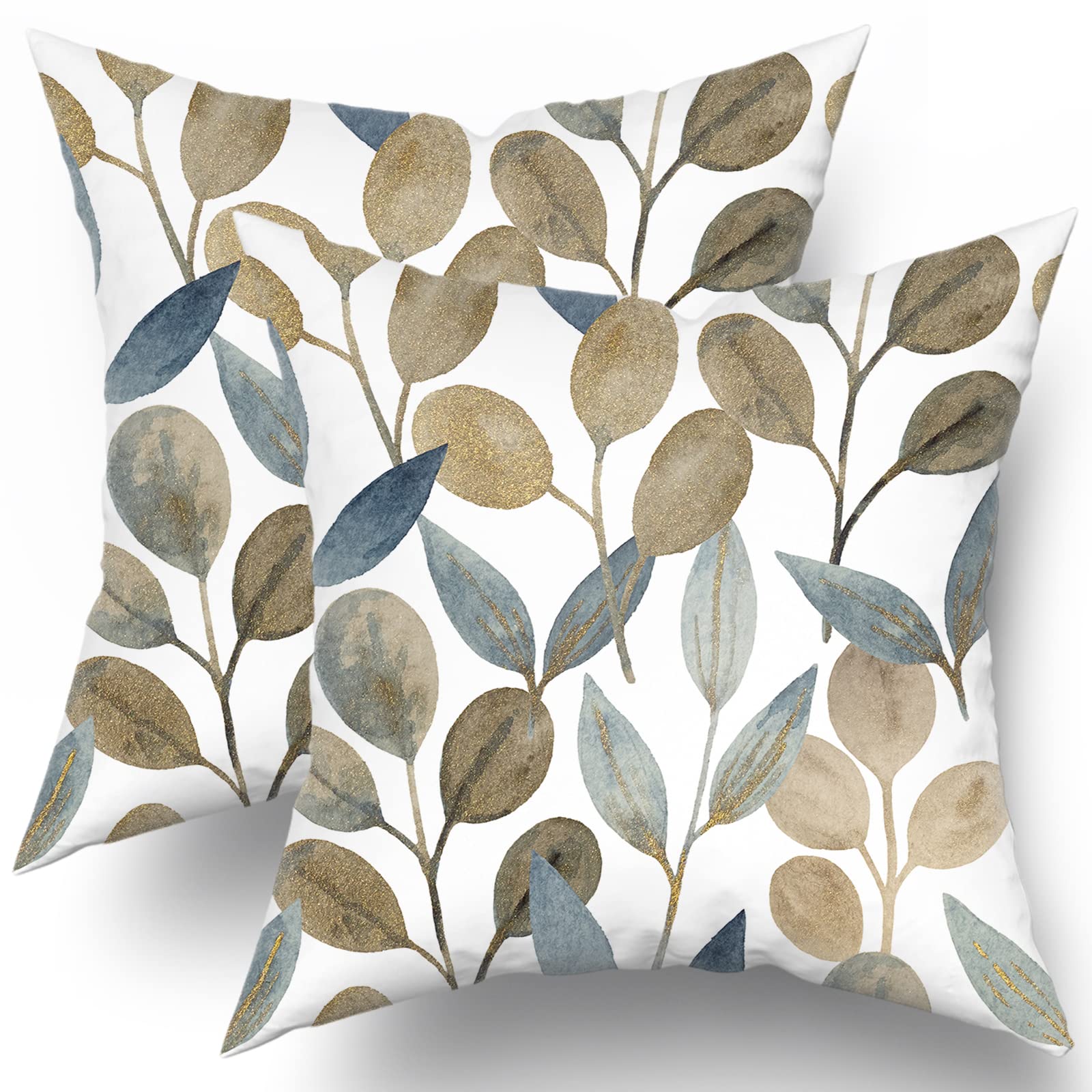 Kawani Gold Eucalyptus Leaf Pillow Covers 18x18 Set of 2, Spring Eucalyptus Watercolor Pillow Cases, Blue Gray Leaves Modern Throw Pillows Cover Decor Gifts for Bed Couch Sofa Living Room โ image 1