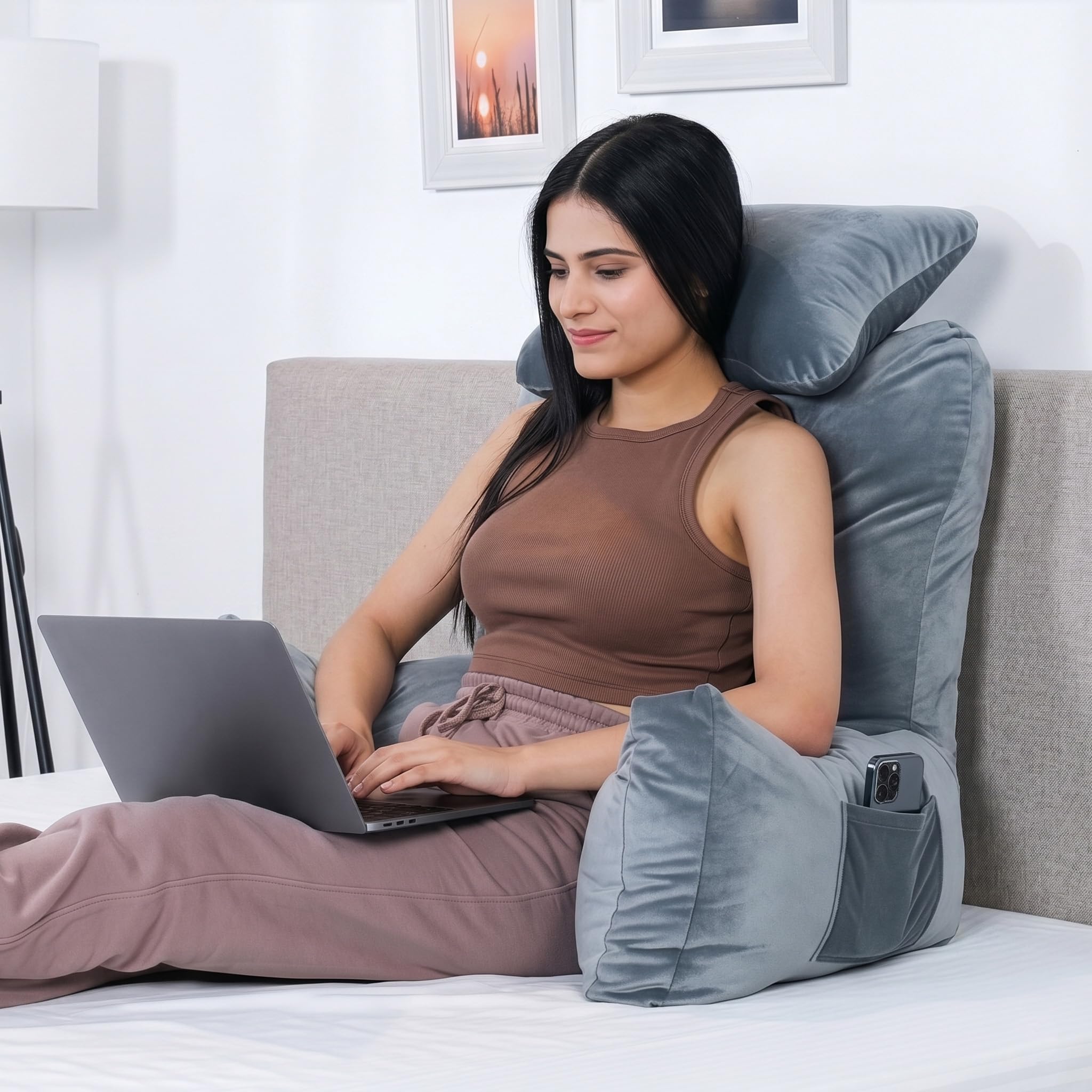 MY ARMOR Backrest Pillow for Bed with Detachable Neck Rest & Support Arms, Soft Reading Pillow | Back Support Backrest Pillow for Working, Seating & Relaxing in Bed - Grey