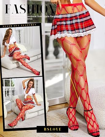 RSLOVE Sexy High Waist Tights Fishnet Stockings for Womens Patterned Thigh High Suspenders Pantyhose One Size