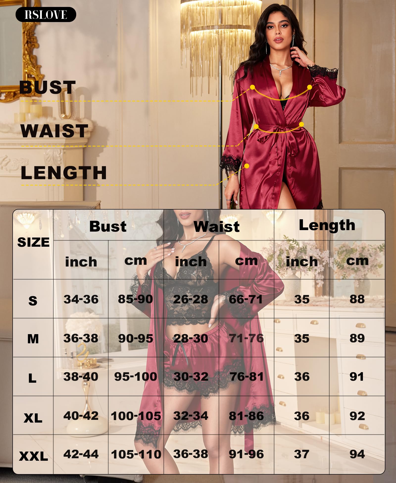 Sexy Dessous-Sets für Damen – Satin-Robe, Nachtwäsche, Seidenrobe, Babydoll, Chemise, Negligees, Nachtwäsche, 3-teilig