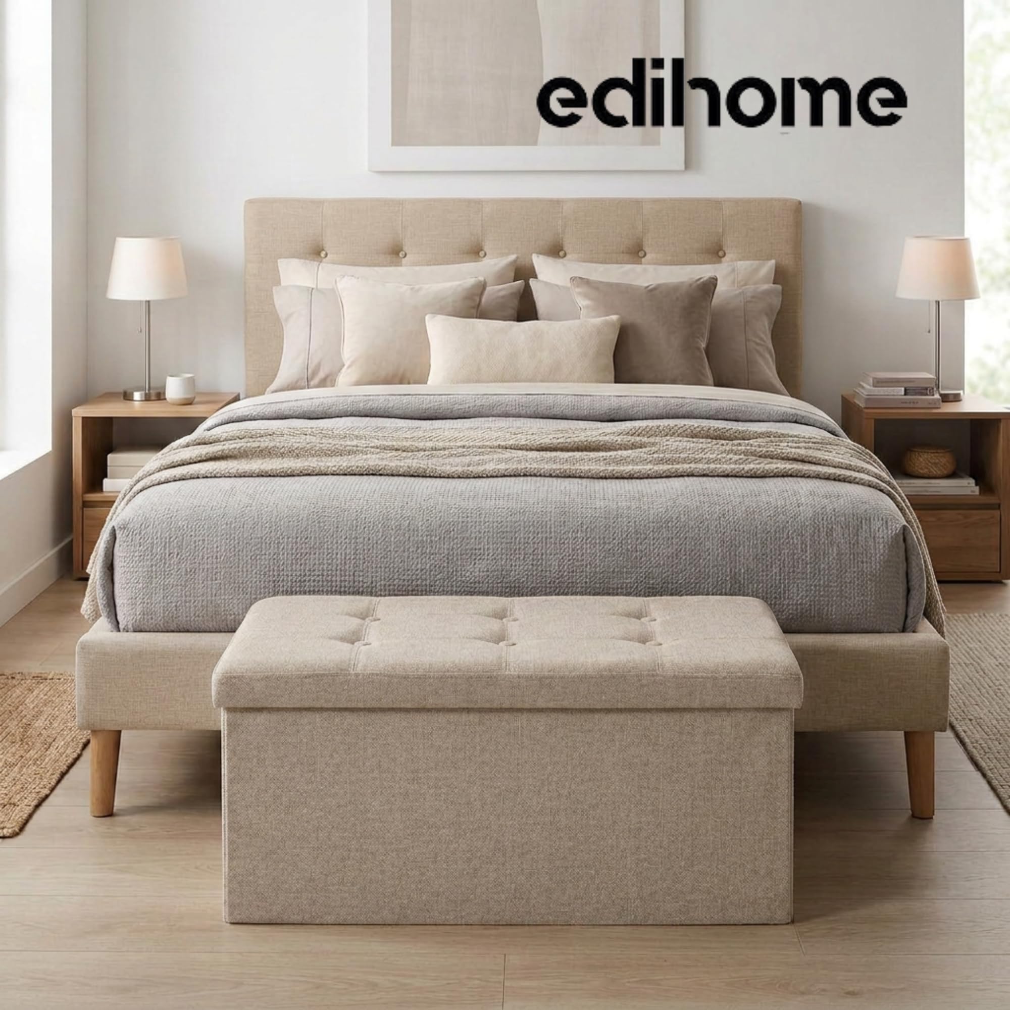 edihome, Puff Almacenaje Plegable, (38 x 76 x 38cm), Baul, Otomana con Tapa – Banco de Tela Organizador y Asiento para Dormitorio y Pie de Cama (Beige Tostado, 38 x 76 x 38 cm) — view 6